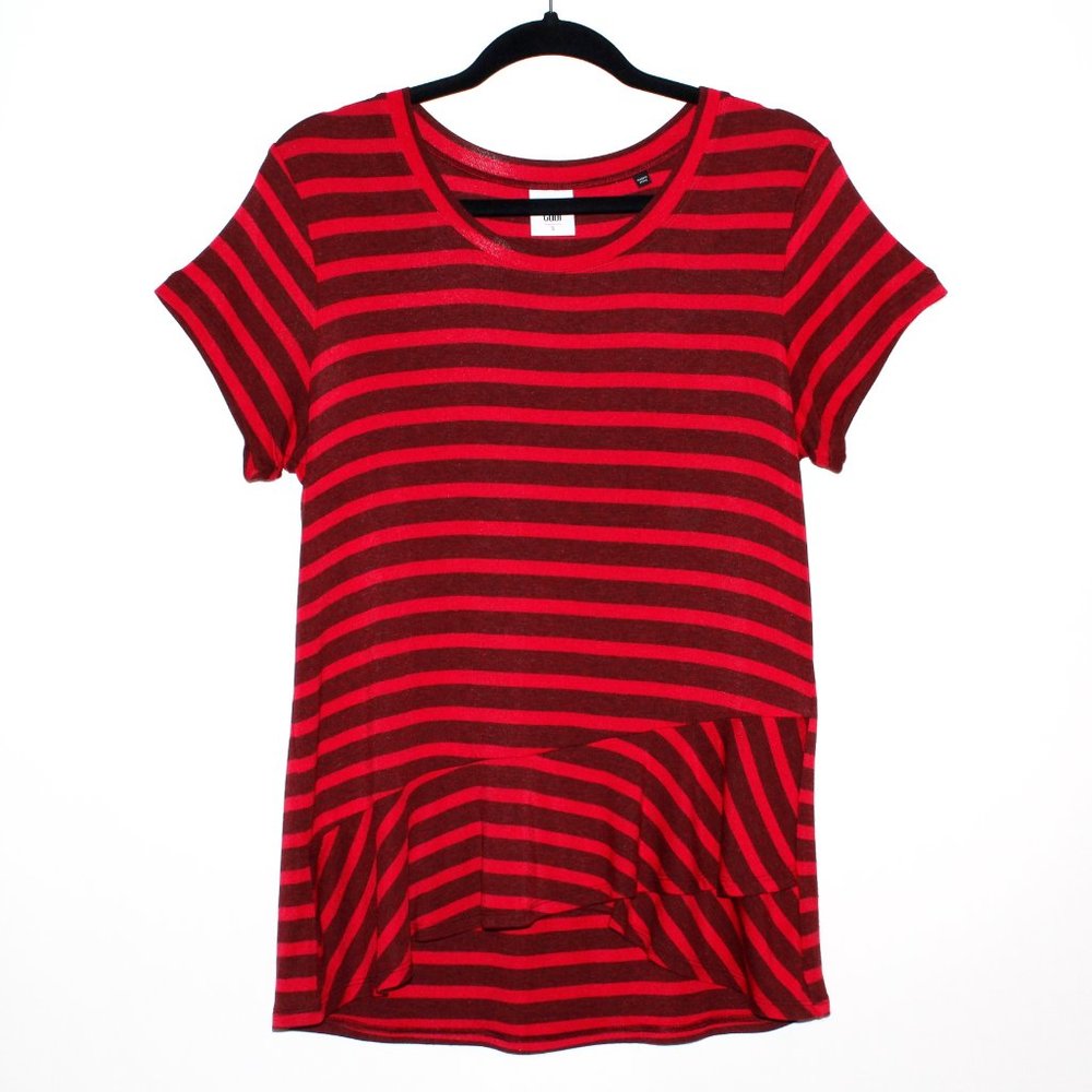 Cabi "Sweet Talk" Asymmetrical Peplum Hem Striped Tee